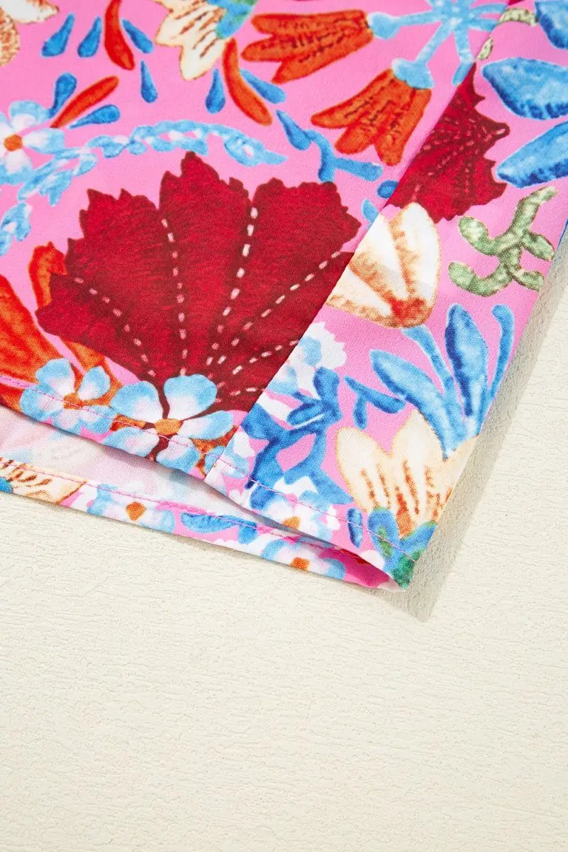 Pink Floral Print Bubble Sleeve Button Up Pleated Shirt - Love Salve